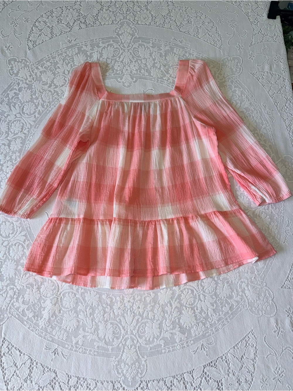 CHAPS‎ Pink White Gingham Cotton Plaid Square Neck Peasant Blouse Boho Top XL - Picture 9 of 13